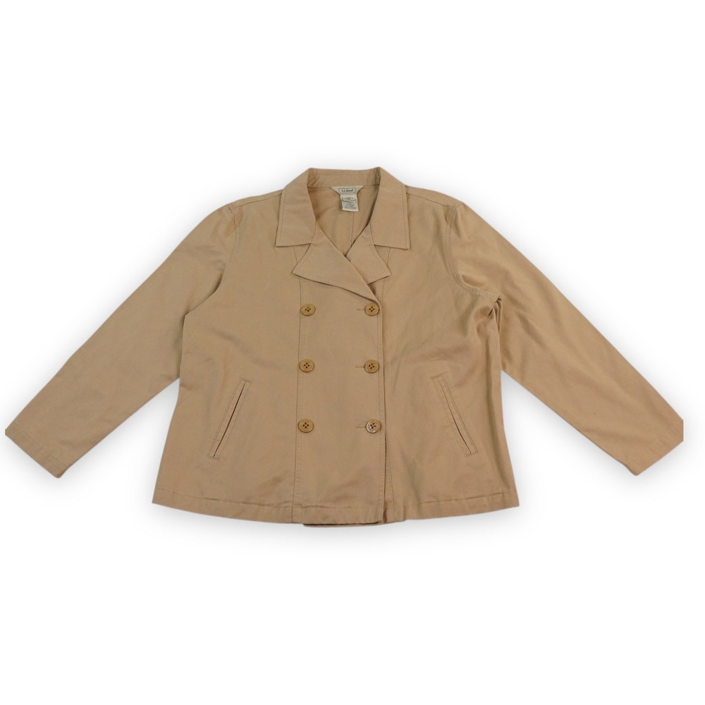 VTG LL Bean Cotton Twill Jacket Womens Extra Large Tan Pea Coat Double Breasted